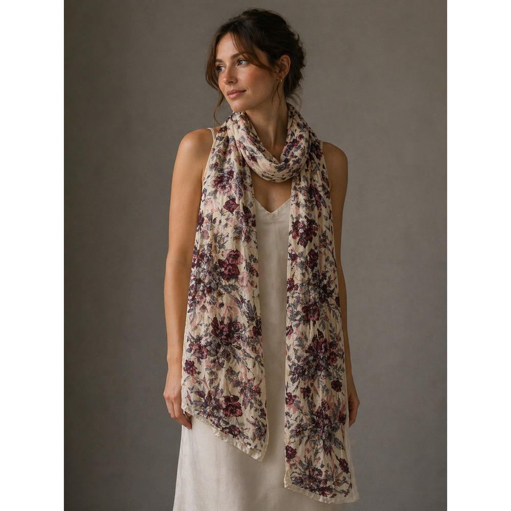 Vince Camuto Ivory Neutral‎ Floral Satin Scarf V93321004 NWT 69 Inch Long Scarf